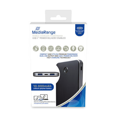 MediaRange Mobile charger I Powerbank 10.000mAh, 2x USB-A and 1x USB-C®, supports USB-C® Power Delivery and Quick Charge, black/silver