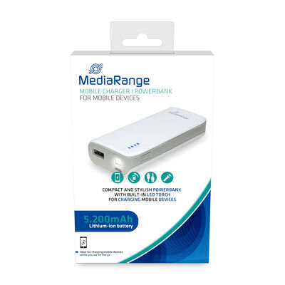 MediaRange Mobile charger I Powerbank 5.200mAh with LED torch, 1x USB-A, white/grey