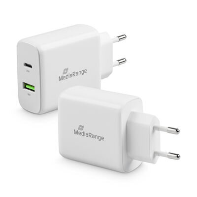 MediaRange 43W Fast Charging Adapter (EU-Plug), 1x USB-C and 1x USB-A, USB-C® Power Delivery and Quick Charge enabled, White