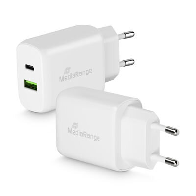 MediaRange 25W Fast Charging Adapter (EU-Plug), 1x USB-C and 1x USB-A, USB-C® Power Delivery and Quick Charge enabled, White