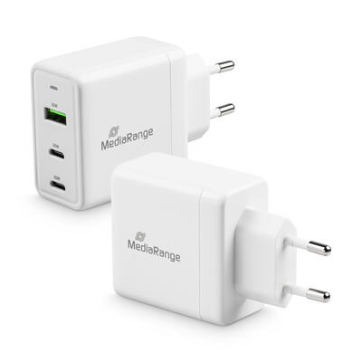 MediaRange 65W GaN Fast Charging Adapter (EU-Plug), 2x USB-C and 1x USB-A, USB-C® Power Delivery and Quick Charge enabled, White