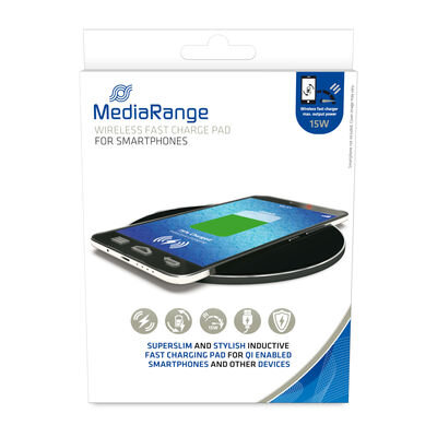 MediaRange 15W Wireless fast charge pad for smartphones, black