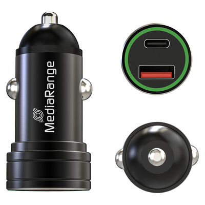 MediaRange 20W In-car charger with 1x USB-A and 1x USB-C® port, black aluminium housing
