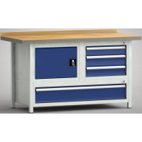 Profi-Werkbank 1500x700x845, BM-Pla.45mm, 1 Rückbr., 3Gh.(1 Türe, 5 Schubl.)