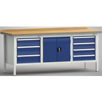 Ergo-Standard-Werkbank 2000x700x900, BM-Pla.45mm, 1 Rückbr., 3Gh.(7 Schubl.)