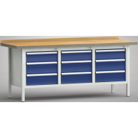 Ergo-Profi-Werkbank 2000x700x905, BM-Pla.45mm, 1 Rückbr., 3Gh.(9 Schubl.)