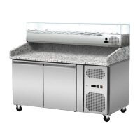 Pizza Kühltisch, Granit rosa-grau, 2 Türen, 151 x 80 Kühlaufsatz GN1/3 mit Glas
