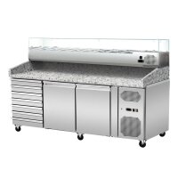Pizza Kühltisch, Granit rosa-grau, 2 Türen 7 ungek. Schubladen, 203 x 80 Kühlaufsatz GN1/4 mit Glas