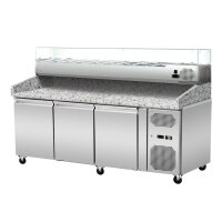Pizza Kühltisch, Granit rosa-grau, 3 Türen, 203 x 80 Kühlaufsatz GN1/3 mit Glas
