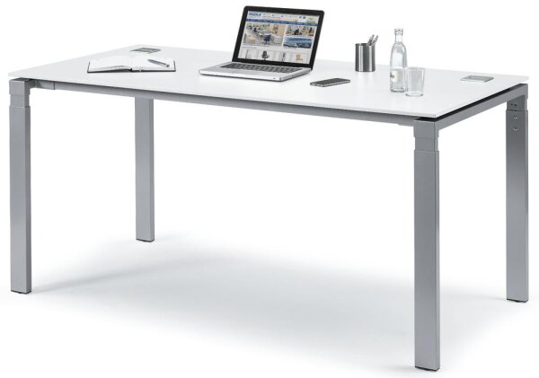 Schreibtisch 4-Fuß Basic EVO Dekor weiß, Gestell Alusilber RAL 9006B 1600 x T 800 x H 730 mm