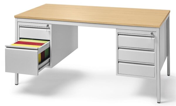 Schreibtischkombination BASE L Tischplatte Buche, Gestell lichtgrau, RAL 7035B 1600 x T 800 x H 720 mm