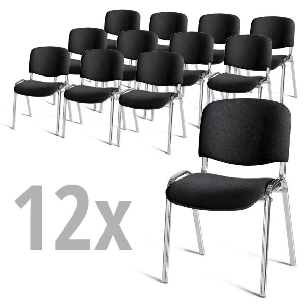 12er SET - Besucherstühle ISO 4-Fuß Gestell verchromtBezug Stoff Basic D, Farbe schwarz