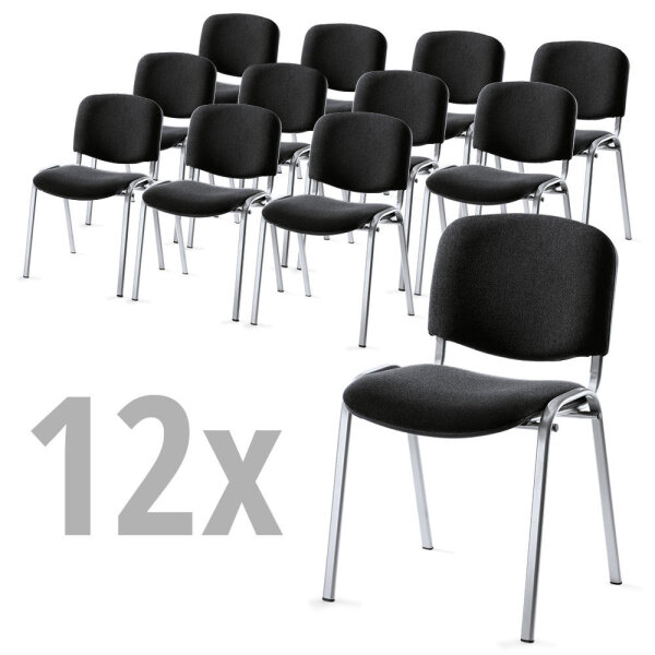 12er SET - Besucherstühle ISO 4-Fuß Gestell alusilberBezug Stoff Basic D, Farbe schwarz