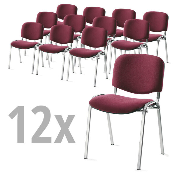 12er SET - Besucherstühle ISO 4-Fuß Gestell alusilberBezug Stoff Basic D, Farbe bordeaux