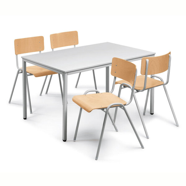 SET: 1 Tisch, 4 Stapelstühle Holz Tisch B 1600 x T 800 x H 720 mmGestelle Lichtgrau RAL 7035