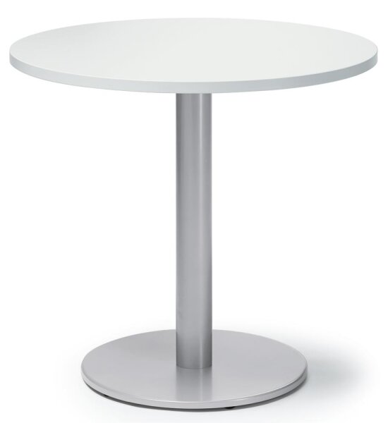 Besprechungs- und Konferenztisch MODUL Platte Dekor Weiß, Gestell Alusilber RAL 9006Durchmesser 800 mm, Höhe 735 mm