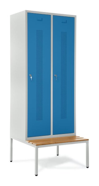 Garderobenspinde mit Sitzbank Korpus Lichtgrau, Türen LichtblauH 2050 x B 800 x T 800 mm
