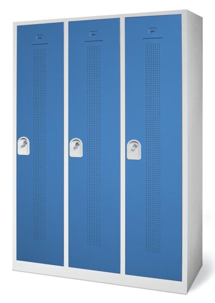 Garderoben-Stahlspind mit Sockel Korpus lichtgrau, Türen himmelblauB 1185 x H 1800 x T 500 mm