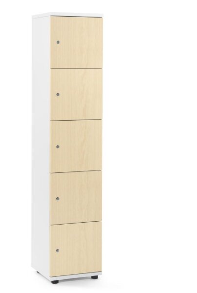 Schließfachschrank OFFICE-LINE mit 5 Fächern Dekore Korpus Weiß, Türen AhornH 1890 x B 400 x T 420 mm, Zylinderschlösser