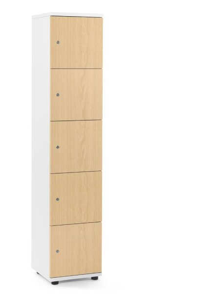 Schließfachschrank OFFICE-LINE mit 5 Fächern Dekore Korpus Weiß, Türen BucheH 1890 x B 400 x T 420 mm, Zylinderschlösser