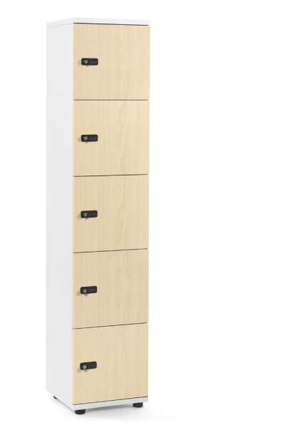 Schließfachschrank OFFICE-LINE mit 5 Fächern Dekore Korpus Weiß, Türen AhornH 1890 x B 400 x T 420 mm, mech. Zahlenschlösser