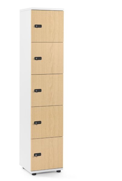Schließfachschrank OFFICE-LINE mit 5 Fächern Dekore Korpus Weiß, Türen BucheH 1890 x B 400 x T 420 mm, mech. Zahlenschlösser