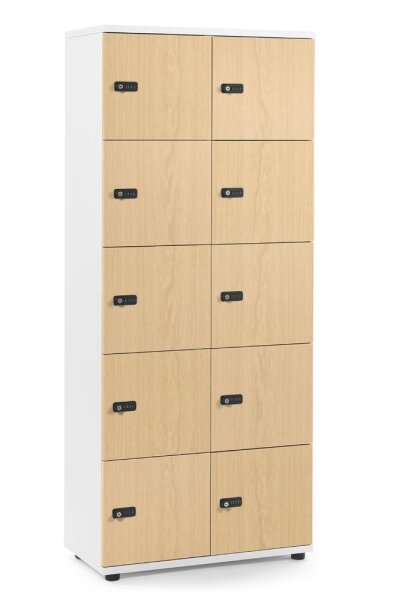 Schließfachschrank OFFICE-LINE mit 10 Fächern Dekore Korpus Weiß, Türen BucheH 1890 x B 800 x T 420 mm, mech. Zahlenschlösser