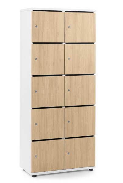 Schließfachschrank OFFICE-LINE mit 10 Fächern Dekore Korpus Weiß, Türen Eiche HellH 1890 x B 800 x T 420 mm, Zylinderschlösser