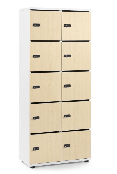 Schließfachschrank OFFICE-LINE mit 10 Fächern Dekore Korpus Weiß, Türen AhornH 1890 x B 800 x T 420 mm, mech. Zahlenschlösser