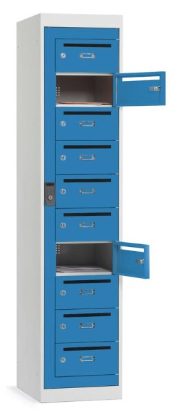 Postverteiler-Stahlschrank mit 10 Türen Korpus Lichtgrau RAL 7035,Türen Lichtblau RAL 5012H 1800 x B 400 x T 500 mm