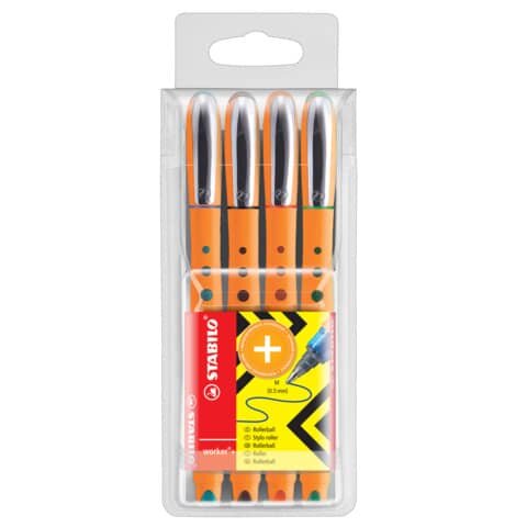 STABILO worker®+ Tintenroller orange 0,5 mm, Schreibfarbe: farbsortiert, 4 St.