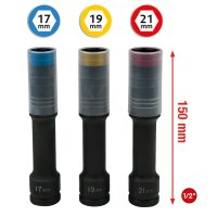 SlimPOWER Alu-Felgen Kraft-Stecknuss-Satz, extra lang, 3-tlg, 1/2", 17, 19, 21mm