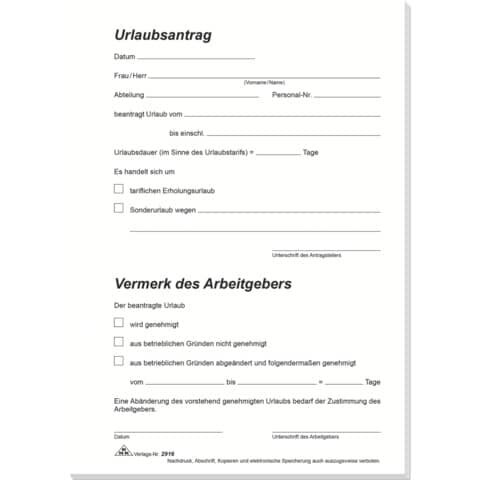 RNK-Verlag Urlaubsabwesenheitsmeldung Formularbuch 2916