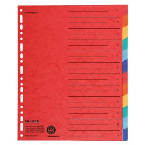 Zahlenregister - 1-12, Karton farbig, A4, 6 Farben, gelocht mit Orgadruck