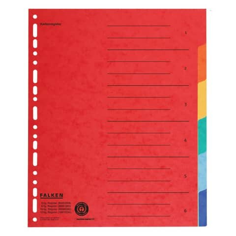 Zahlenregister - 1-6, Karton farbig, A4, 6 Farben, gelocht mit Orgadruck