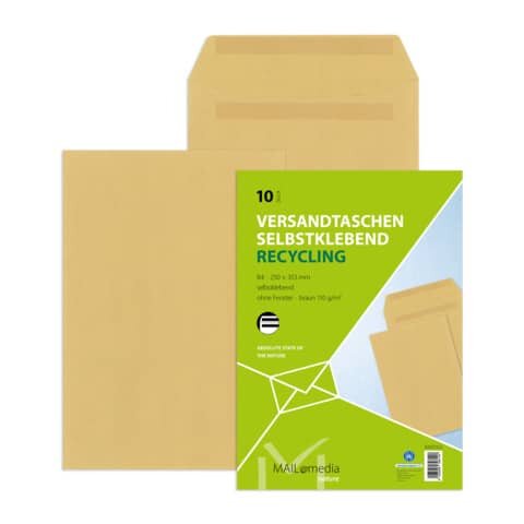 Versandtaschen Recycling - B4, ohne Fenster, selbstklebend, 110 g/qm, braun, 10 Stück