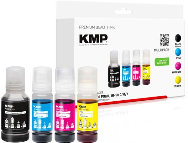 KMP  schwarz, cyan, magenta, gelb Tintenflaschen kompatibel zu Canon GI50PGBK/C/M/Y, 4er-Set