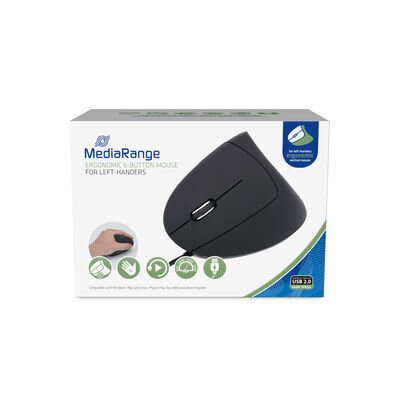 MediaRange Wired 6-button ergonomic mouse with optical sensor, for left-handers, black