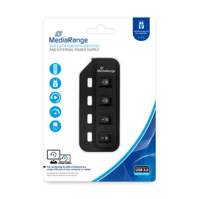 MediaRange USB 3.0 hub 1:4 with separate switches and power supply unit, black