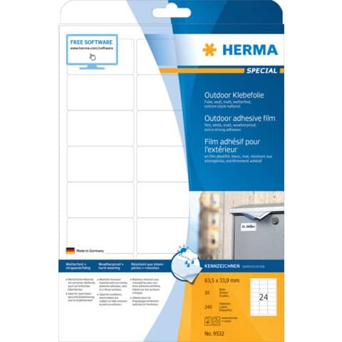 240 HERMA Folien-Kraftklebe-Etiketten 9532 weiß 63,5 x 33,9 mm