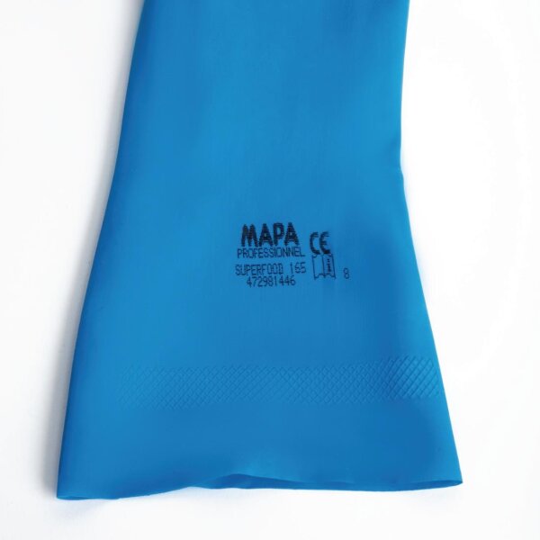 MAPA Vital 165 Flüssigkeitsbeständige Handschuhe für den Umgang mit Lebensmitteln Blau Medium (10er Pack)