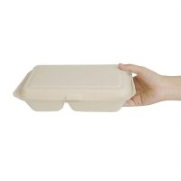 Fiesta Compostable kompostierbare Bagasse Lebensmittelboxen 2 Fächer Naturfarbe 253 mm (200 Stück)